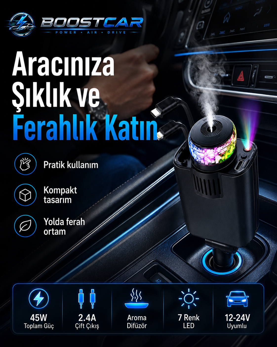 Boost Car C7 5’i 1 Arada Araç Difüzörü