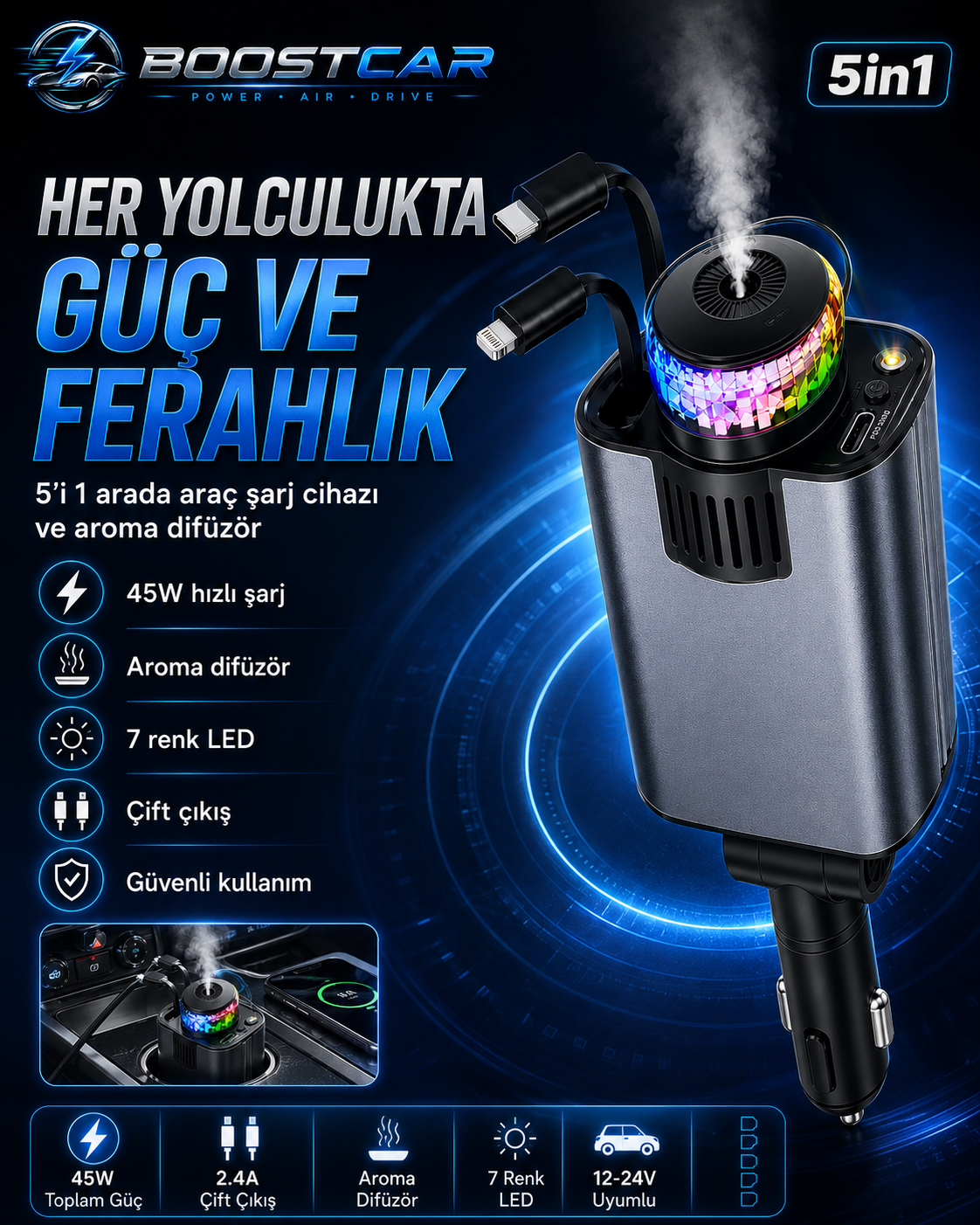 Boost Car C7 5’i 1 Arada Araç Difüzörü